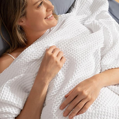PHF 100% Cotton Waffle Weave Throw Blanket 50" x 60"-Lightweight Cozy Washed Soft Breathable Throw Blanket for Adults and Kids-Great Blanket Layer for Couch Bed Sofa-Elegant Home Decoration- White