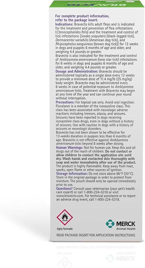 BRAVECTO Topical Solution for Dogs, Flea & Tick, 12 Week Supply, >22-44 lbs., Green Box-Mewly Pet