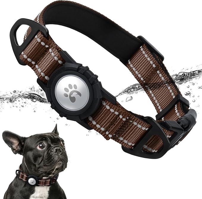 TagME Airtag Dog Collar,Waterproof Reflective Pet Collar with Airtag Holder,Soft Padded and Double D-Rings for Puppy,Brown-Mewly Pet