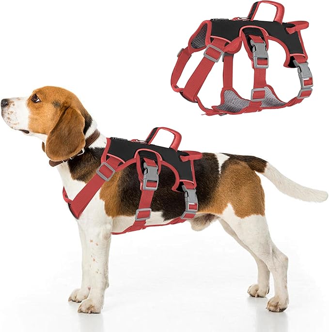 Escape Proof Dog Harness, No Pull Reflective Adjustable Vest with Easy Control Lift Handle, No Choke Soft Padded Breathable Full Body Pet Harness for Walking Hiking and Training (Red, Small)-Mewly Pet