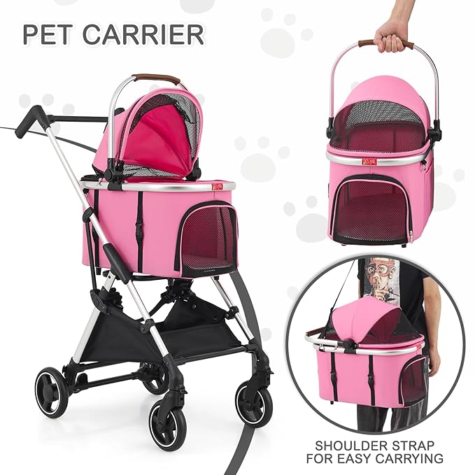 MoNiBloom Pet Stroller for Small/Medium Dogs w/Detachable Carrier & Lightweight Aluminum Frame, Folding Jogging Travel Stroller, Pink-Mewly Pet