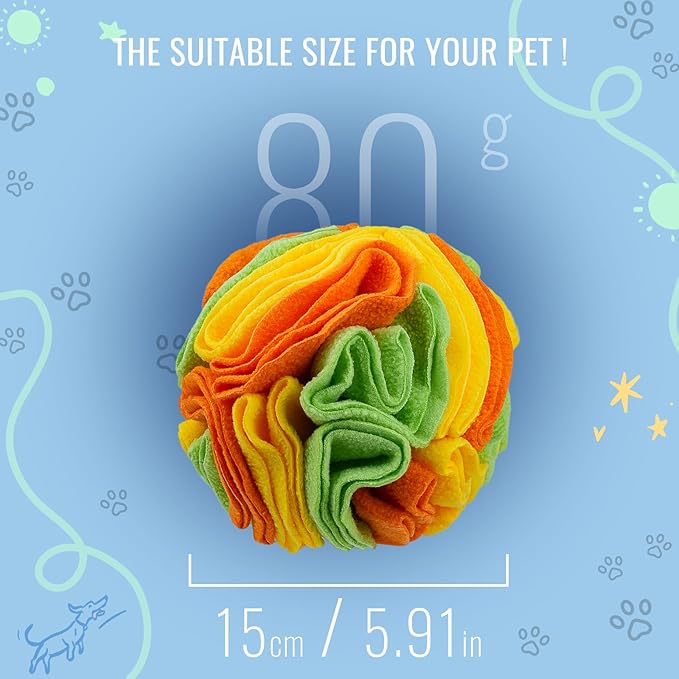Pet Snuffle Ball, Puzzle Sniffing Interactive Dog Ball for Blind Dogs Training Stress Relief Dog Enrichment Toys Treat Machine Washable (15cm, Yellow Orange Green)-Mewly Pet