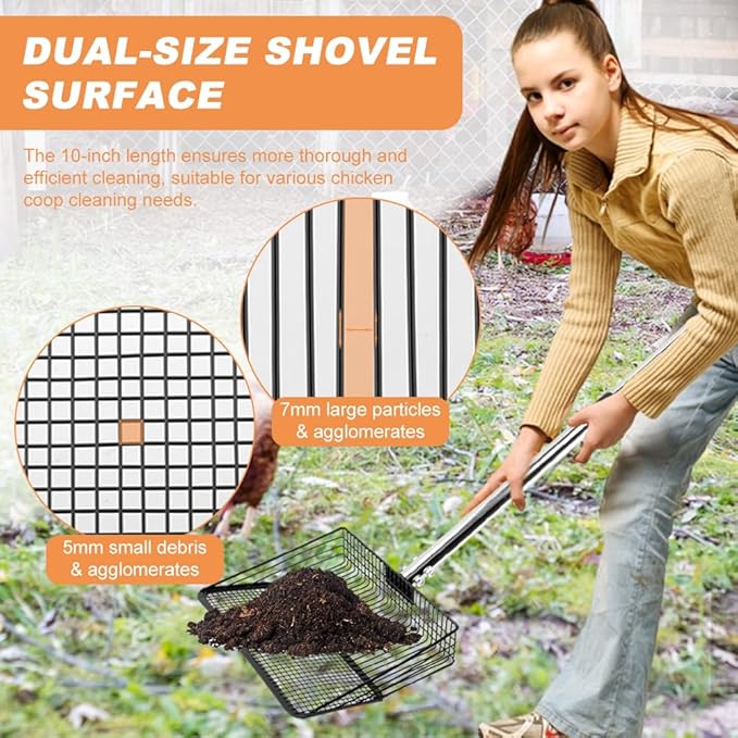 10inch Chicken Poop Scooper, Chicken Coop Scoop for Poop, 4 Sections Extended with 22 to 77inch Stainless Steel Adjustable Handle, Litter Scooper Sifting Shovel-Mewly Pet