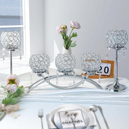 Set of 3 Gold Crystal Tea Light Candlestick Holders Flower Shape with Crystal Pendant Bowl Votive Metal Candle Holder for Table Centerpieces Wedding Home Decor (Set of 3, Silver)