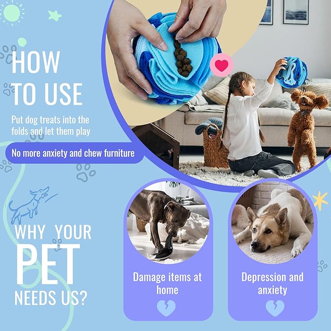 Pet Snuffle Ball, Puzzle Sniffing Interactive Dog Ball for Blind Dogs Training Stress Relief Dog Enrichment Toys Treat Machine Washable (15cm, Ocean Blue)-Mewly Pet