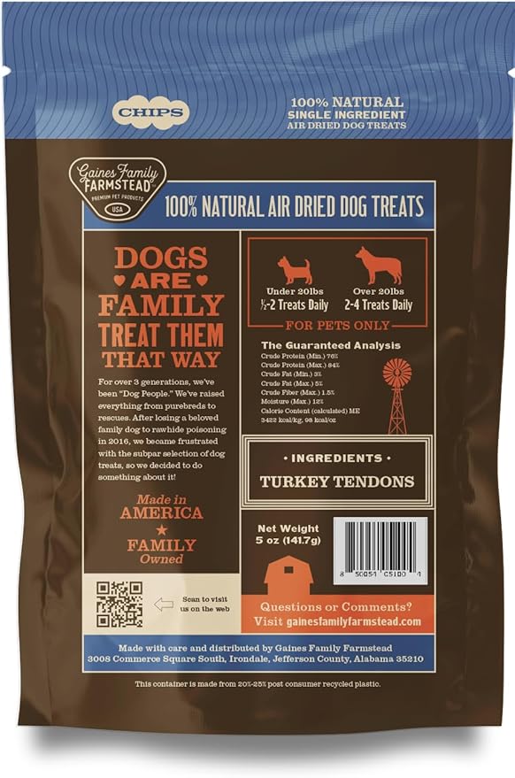 Gaines Family Farmstead Turkey Tendon Chips for Dogs – 5 oz, Natural Single-Ingredient Dog Treats, High-Protein Crunchy Chews, Rawhide Alternative, Grain-Free, Made in USA-Mewly Pet