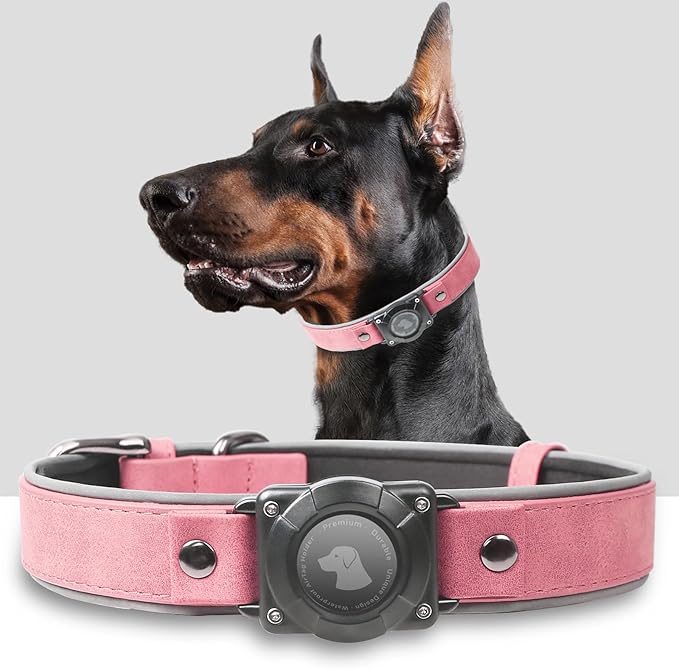 AirTag Dog Collar - Leather Dog Collar with Air Tag Holder | IPX8 Waterproof, Reflective, High - End, Adjustable Soft Padded | Dog GPS Tracker Collars Fit for Medium Large Dogs (Pink, L)-Mewly Pet
