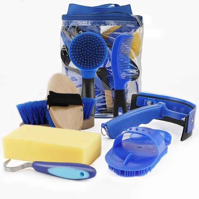9 Pieces Grooming Kit with Tote Bag - Horse Brush Set, Sweat Scraper, Sponge, Hoof Pick, Curry Comb for Riders and Beginners (Blue)-Mewly Pet