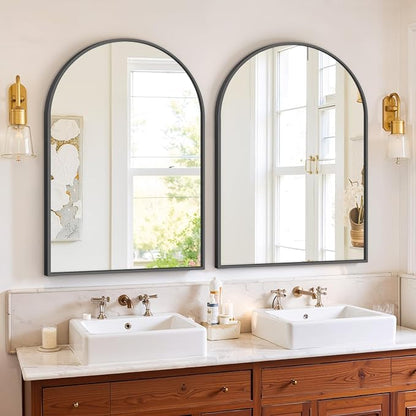 Sweetcrispy Arched Bathroom Mirror 30x20.5 Inch Black Metal Framed Arch Vanity Mirror for Wall, Over Sink, Farmhouse, Restroom, Anti-Rust, Modern Decorative, Hanging or Leaning