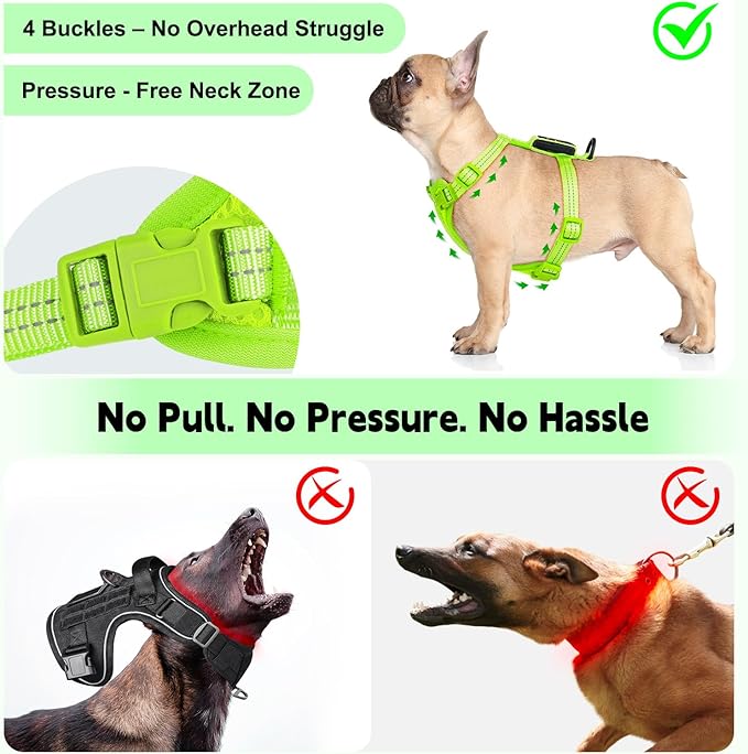 Rechargeable Light Up Dog Harness for Small Dogs – Adjustable LED Dog Vest with Reflective Strips, No Pull Glow in The Dark Puppy Harness for Night Walking Safety-Green-Mewly Pet