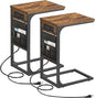 TUTOTAK C Shaped End Table with Charging Station, Side Table for Sofa, Couch with Storage Bag, Set of 2, TV Tray with 2 USB Ports and Outlets for Living Room, Bedroom, Brown TB01BB0242