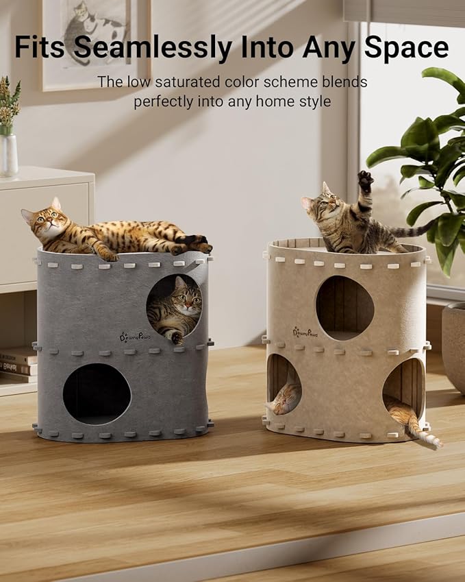 DownyPaws Cat House for Indoor Cats, 2-Storey Foldable Cat Bed Cave, Felt Cats Tunnel Bed Condo, Castle Kitten Cube Hideaway for Multicats, Scratch Resistant, Cream-Mewly Pet