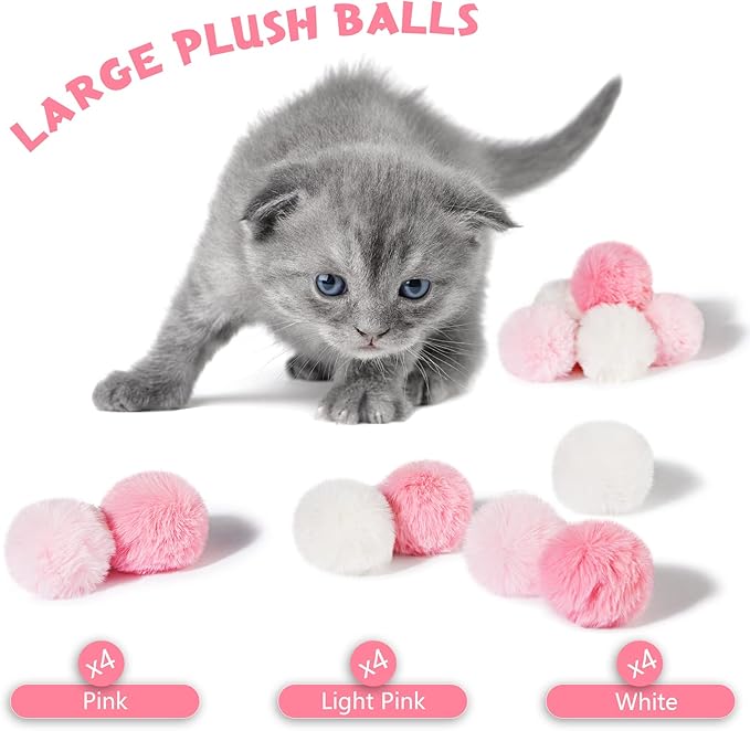 Weewooday 12 Pieces Cat Pom Pom Balls Toys Large Fuzzy Cat Ball Artificial Large Plush Ball for Cats Pets Interactive Playing Indoor(Pink, White,Solid Color)-Mewly Pet
