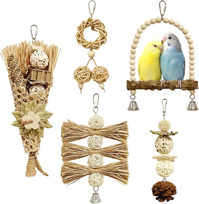 5-Pack Natural Flower Bird Toys – Foraging & Chewing Toys for Parakeets, Cockatiels, Conures & Small Birds – No Plastic, All-Natural Materials-Mewly Pet