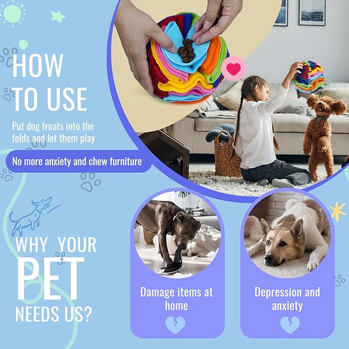Pet Snuffle Ball, Puzzle Sniffing Interactive Dog Ball for Blind Dogs Training Stress Relief Dog Enrichment Toys Treat Machine Washable (Rainbow Color Upgrade, 10cm)-Mewly Pet