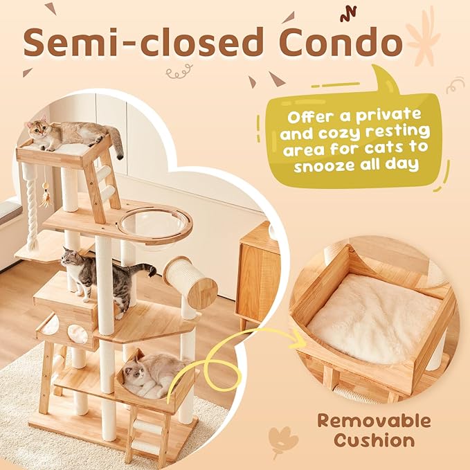 Wood Cat Tree for Indoor Cats, Modern Cat Tower, Unique Cat Condo with House, Tall Luxury Furniture with Heavy Duty Wide Base, Kraft Paper Rope Scratching Post, Removable Cushion (74.8-inch)-Mewly Pet