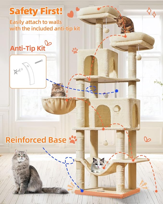 Taoqimiao Large Cat Tree，73-Inch Cat Tree Tower with 9 Scratching Posts for Indoor Cats, 2 Large Cat Condo with Hammock, Hanging Basket, 2 Extended Platform, Beige MS013XLM-Mewly Pet