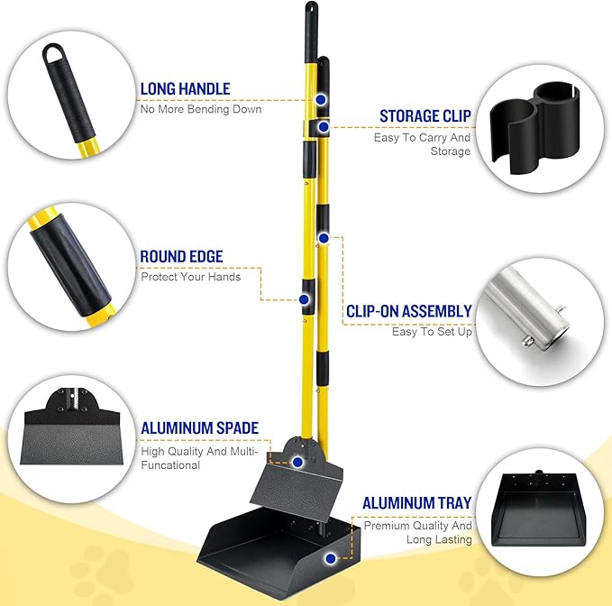 Pooper Scooper for Large Dogs, Adjustable Long Handle Metal Tray and Spade Poop Scooper for Dogs with Bin for Pet Waste Removal, No Bending Clean Up Pooper Scooper for Medium and Large Dogs-Mewly Pet