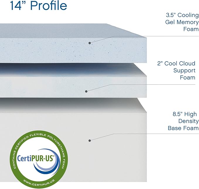 Cool Gel Chill 14 Inch Medium Firm Memory Foam Mattress Queen Size, with 2 Bonus CoolGel Memory Foam Bed Pillows, 14" with Pressure Relief, CertiPUR-US Certified, Cooling Queen Mattress in a Box