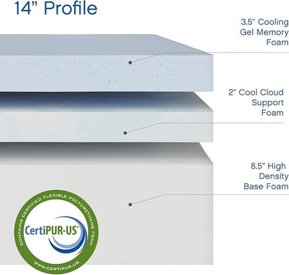 Cool Gel Chill 14 Inch Medium Firm Memory Foam Mattress Queen Size, with 2 Bonus CoolGel Memory Foam Bed Pillows, 14" with Pressure Relief, CertiPUR-US Certified, Cooling Queen Mattress in a Box