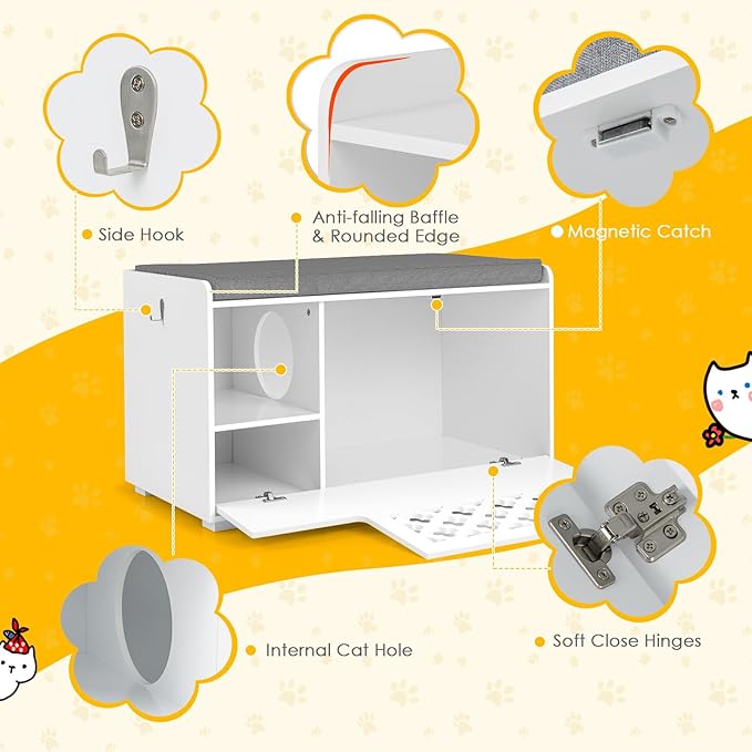 Tangkula Cat Litter Box Enclosure, Hidden Litter Box with Removable Cushion & Flip-Down Opening, Multifunctional Storage Cabinet Bench, Modern Litter Box Furniture Fits Most Litter Box (White)-Mewly Pet