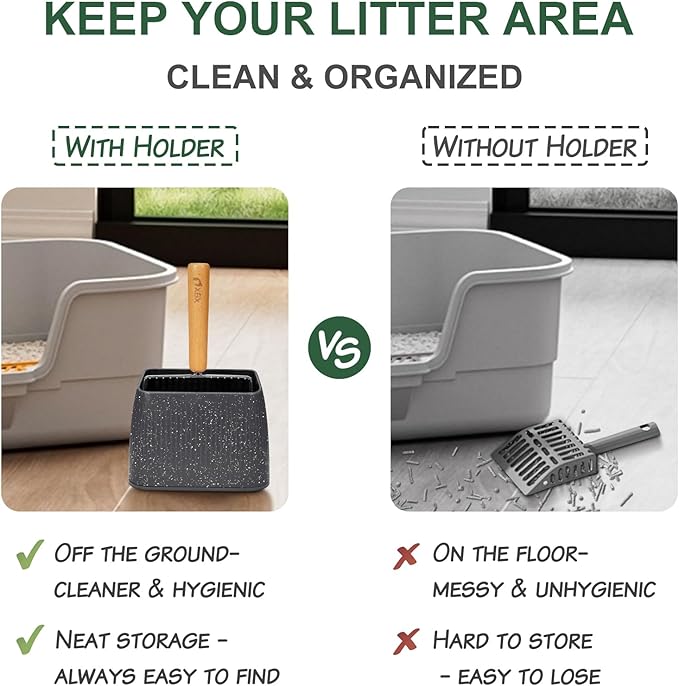 XBX Cat Litter Scoop with Holder, Heavy Duty Litter Sifter, Stainless Steel Litter Shovel, Litter Scooper with Beech Wood Grip and Washable Stand, Perfect for Cat Litter Box Cleaning-Mewly Pet