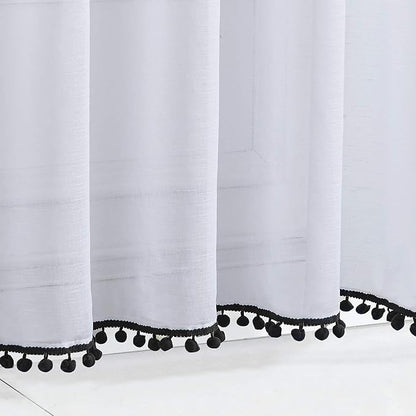Treatmentex White Sheer Curtains Black Pompoms 63" inches Long Window Draperies for Boy's Room Bed Canopy 2 Panels Rod Pocket