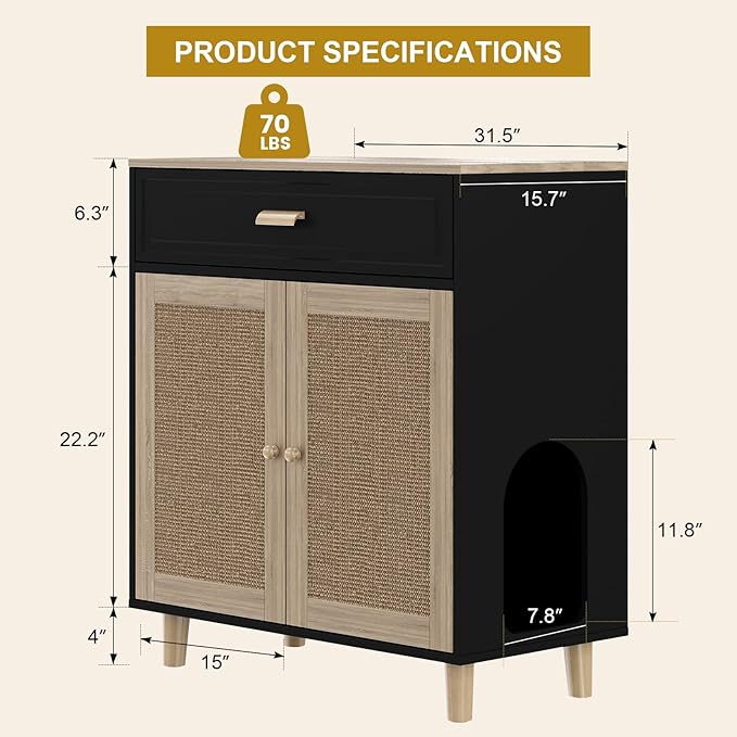 Cat Litter Box Enclosure Furniture Hidden Indoor 2-in-1 Wooden Cat House & Washroom Cabinet with Scratching Board Doors and Drawer, 31.5"x15.7"x34.6"H - Black-Mewly Pet