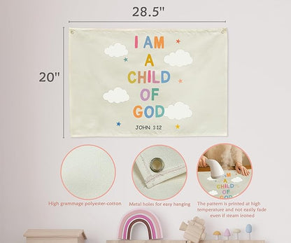Christian Bible Verse Scripture Rectangular Banner Flag Wall Sign Decor Gift for Baby Girl Women-Nursery Baby Room Bedroom Decor-Baby,Shower Birthday Christmas Gift-I am a Child of God
