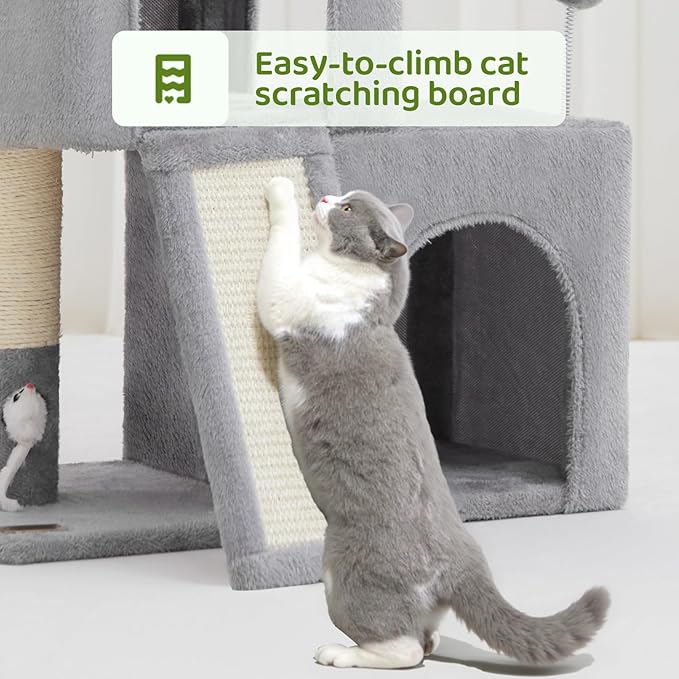 24inch Tall cat Tree with 2 cat condo and Mouse Toy Cozy Small cat Tower with Scratching Post and Board for Kitties and Small Cats.（Light Grey）-Mewly Pet