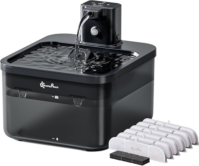 DownyPaws Battery Operated Cat Water Fountain, 84oz/2.5L Fursink Wireless Cat Waterer Fountain with Motion Sensor, BPA-Free, Black with 6 Filters-Mewly Pet