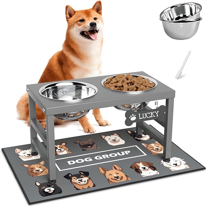 Elevated Dog Bowls, 10" Tall Height, Raised Bowl Stand with 2 Stainless Steel Food Feeder Bowls (58oz) and Spill-Proof Mat for Medium Large and Small Breeds, Grey-Mewly Pet