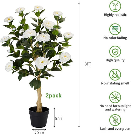 3FT Artificial Camellia Tree, 1 Pcs Fake Camellia Tree Artificial Tree, Faux Floral Plants in Cement Pot, Greenery Potted Plant for Indoor Outdoor Home Office Porch Decor (White)