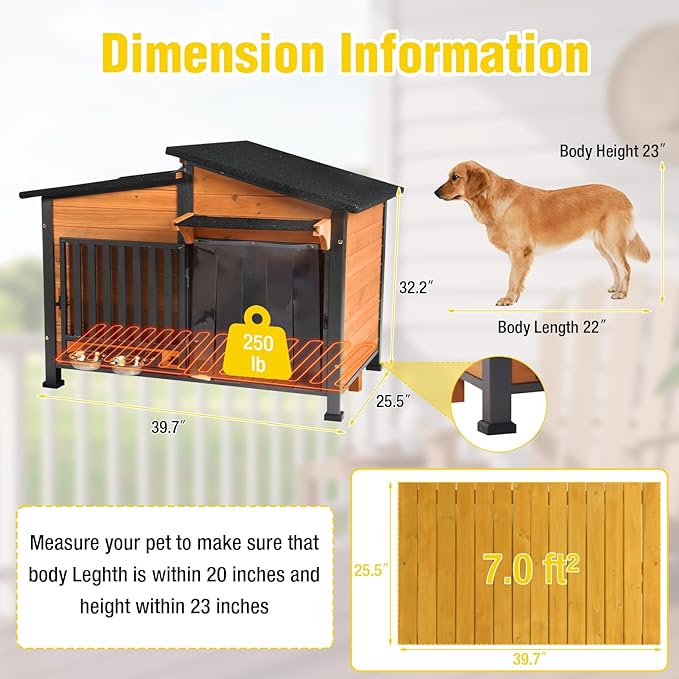 Chew-Resistant Dog House with Metal Frame, Wooden Kennel for Indoor & Outdoor Use, Waterproof Roof & Feeding Bowls Included (Wood, L-in)-Mewly Pet