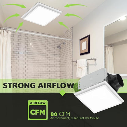 Homewerks 7141-80-G4 Bathroom Fan Integrated LED Light Ceiling Mount Exhaust Ventilation Whisper Quiet 1.1 Sones 80 CFM, White