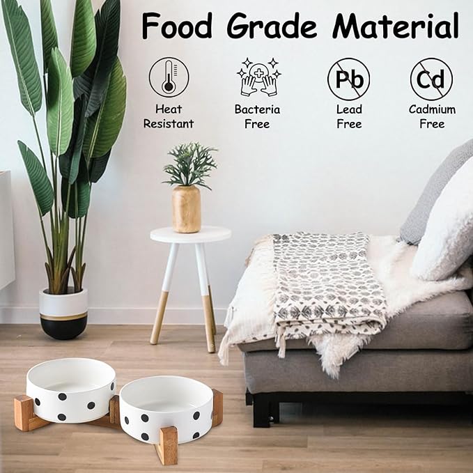 Petygooing Ceramic Dog Bowl Set with Stand,Cat Pet Food and Water Dishes,Small Dog Bowls Anti -Slip Set of 2 Cat Bowls Pet Food Dish Small Size Pet (13.5OZ/5.1 in) Black Dot-Mewly Pet