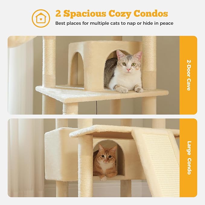 81" Heavy Duty Cat Tree for Large Cats up to 20lbs - Extra Tall Cat Tower with Metal Frame Hammock, 6 Sisal Scratching Posts, 2 Perches - Indoor Cat Furniture for Maine Coon, Big Cats, Beige-Mewly Pet
