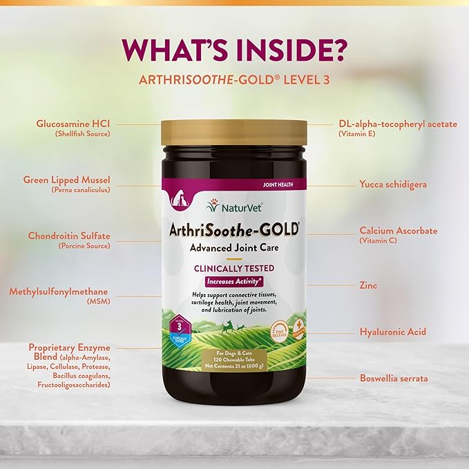 NaturVet – ArthriSoothe-GOLD – Level 3 Advanced Joint Care | Clinically Tested to Support Connective Tissue, Cartilage Health & Joint Movement | Enhanced with Glucosamine, MSM, Chondroitin & Green Lipped Mussel | For Dogs & Cats | 120 Chewable Tablets-Mewly Pet