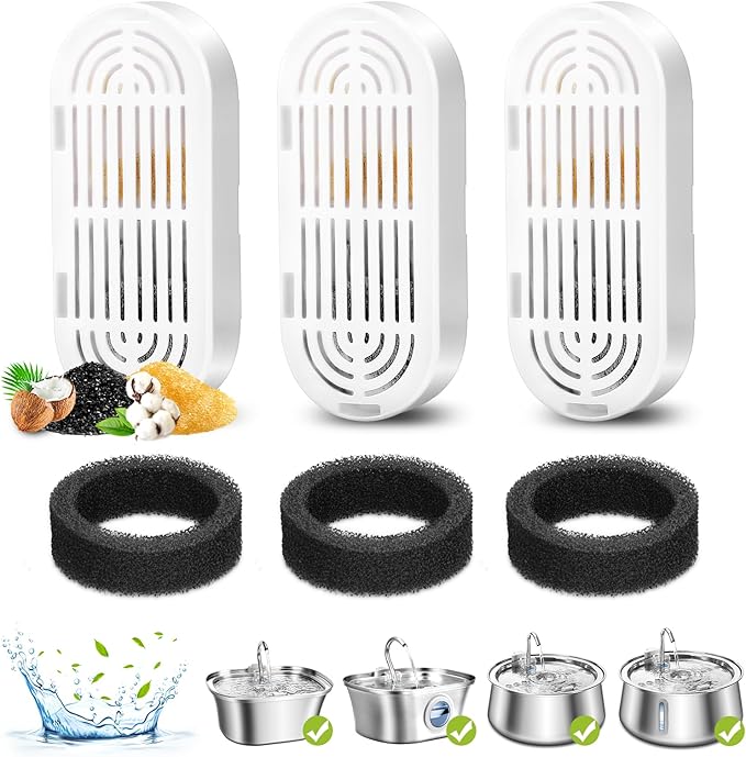 Cat Water Fountain Filters, 3 Pack Replacement Filters & Replacement Pre-Filter Sponges for Stainless Steel Pet Fountain with Water Level Window, Fountain Carbon Filters for Dog Water Dispenser Bowl-Mewly Pet