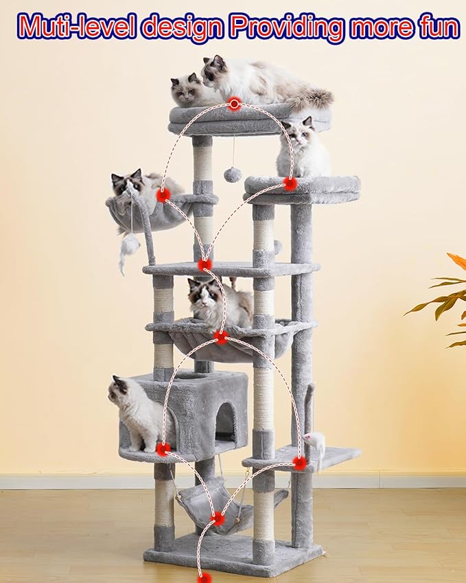 Cat Tree, Cat Tower for Large Cats with 2 Big Platforms, 2 Baskets, condo and Toys, 63" Cat Scratching Posts for Indoor Cats, Light Gray GCT020W-Mewly Pet