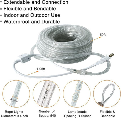 SURNIE LED Rope Lights Outdoor Warm White, Waterproof 50FT Cuttable 3000K Lighting Indoor 110V Connectable Flexible Electric Lights for Christmas Trees Bedroom Outside Patio Decor, Not Flat Strip