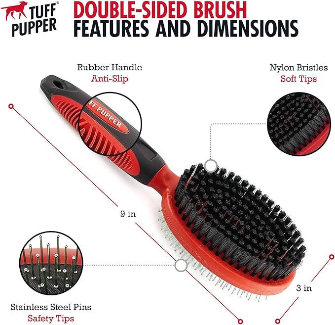 Tuff Pupper Double Sided Dog Brush, Detangling Tool for Dogs and Cats, Pin & Bristle Pet Brush, for and Hair Types, With Comfort-Grip Anti-Slip Handle, Brown, Black, White-Mewly Pet