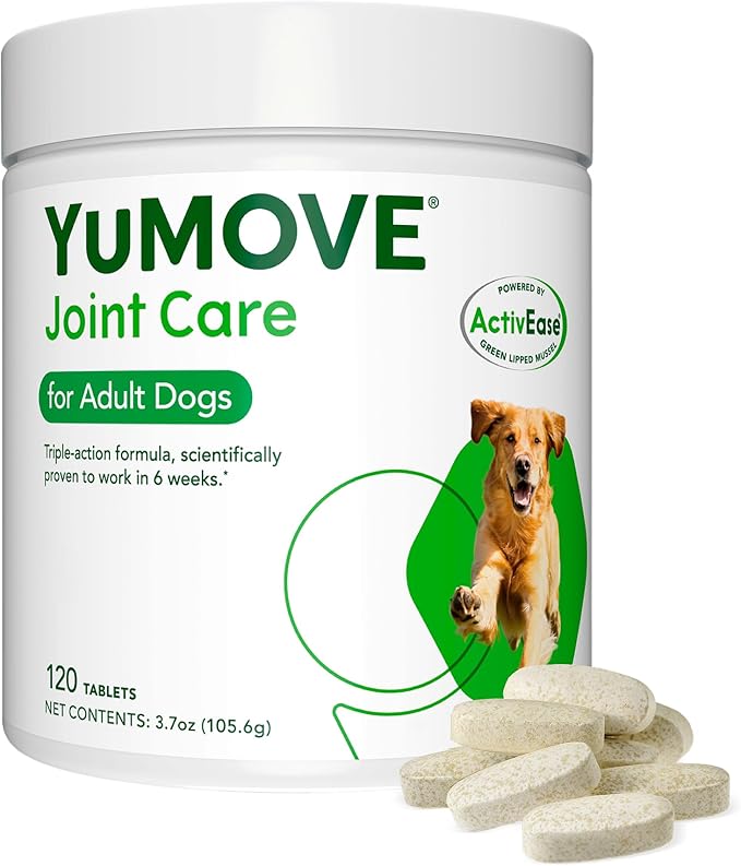 YuMOVE Hip & Joint Supplement for Dogs with Glucosamine, Hyaluronic Acid, Green Lipped Mussel & Omega 3 Joint Supplement - Regular and Advanced Strength (120ct, Chewable Tablets)-Mewly Pet