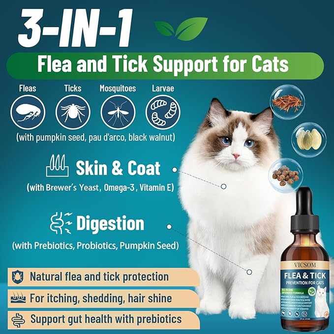 Natural Flea and Tick Prevention for Cats, Herbal Cat Flea and Tick Treatment Support Drops Flea Support with Prebiotics Probiotics for Cats Kitten - Ideal for Sensitive Cat - Salmon Flavor-Mewly Pet