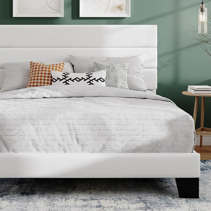 SHA CERLIN Queen Platform Bed Frame with Velvet Upholstered Headboard, Mattress Foundation with Strong Wooden Slats Support, No Box Spring Needed, White