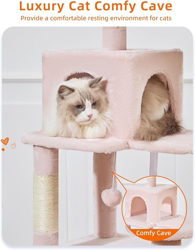 Taoqimiao Cat Tree, 68-Inch Cat Tree Cat Tower for Indoor Cats, Plush Multi-Level Cat Condo with 6 Scratching Posts, 2 Perches, 2 Caves,Hammock, 3 Pompoms,MS020SP Jelly Pink-Mewly Pet