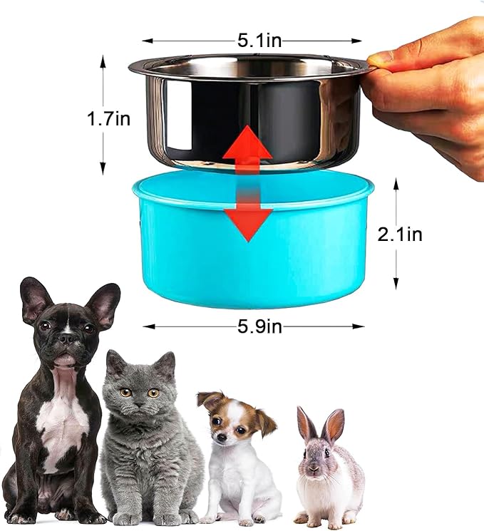 HERCOCCI Dog Crate Bowl, Removable Stainless Steel Pet Kennel Cage Hanging Food Bowls and Water Feeder Coop Cup Prevent Overflow for Puppy, Medium Dog, Cat, Rabbit, Ferret-Mewly Pet