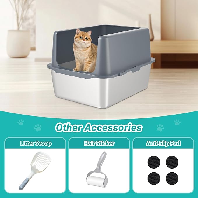 Litter Box with Lid, Stainless Steel Litter Box, 12" Metal Litter Pan High Sides, Small Litter Tray for Kittens, Cat Litter Tray Covered Grey, Easy Clean-Mewly Pet
