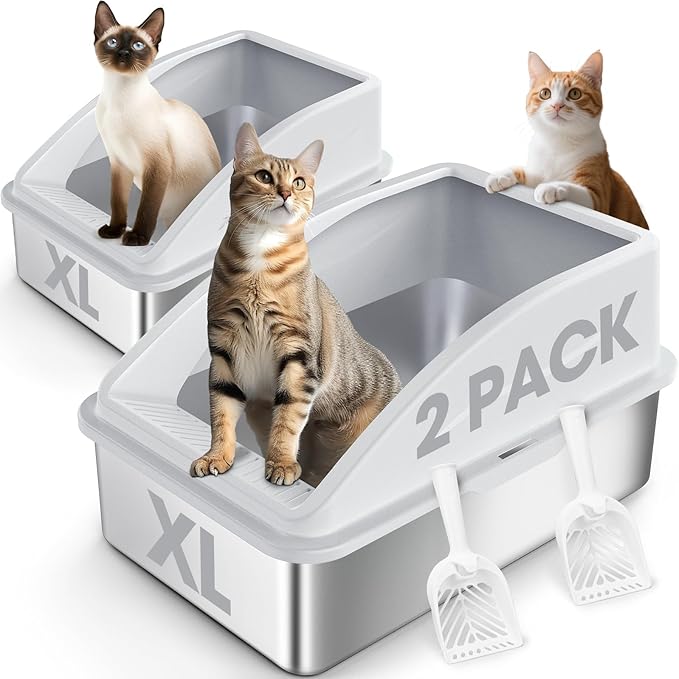 2 Pack Stainless Steel Litter Box | XL Enclosed Cat Litter Boxes with Lid for Big Cats and Multi-Cats | High Sided, Anti-Urine Leakage | Non-Stick Bottom（Silver Gray）-Mewly Pet