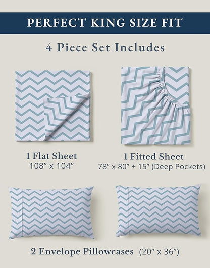 LANE LINEN 100% Organic Cotton Printed King Sheets, Soft & Comfy Percale Sheets Naturally Temperature Regulating Mercerized Cotton Fully Elasticized Printed King Bedding Set-Chevron